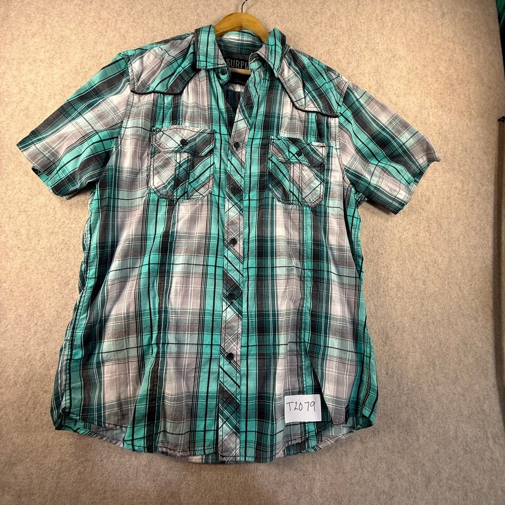 Surplus Mens Teal Black Plaid Western Short Sleeve Button Down Shirt Large